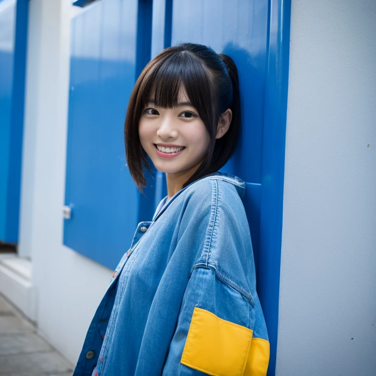 The face of a young Japanese woman wearing blue clothes with a futuristic design smiling as she looks at the letters "SA" painted on a blue wall. Focal length 100mmf/2.8, blue space, film quality.