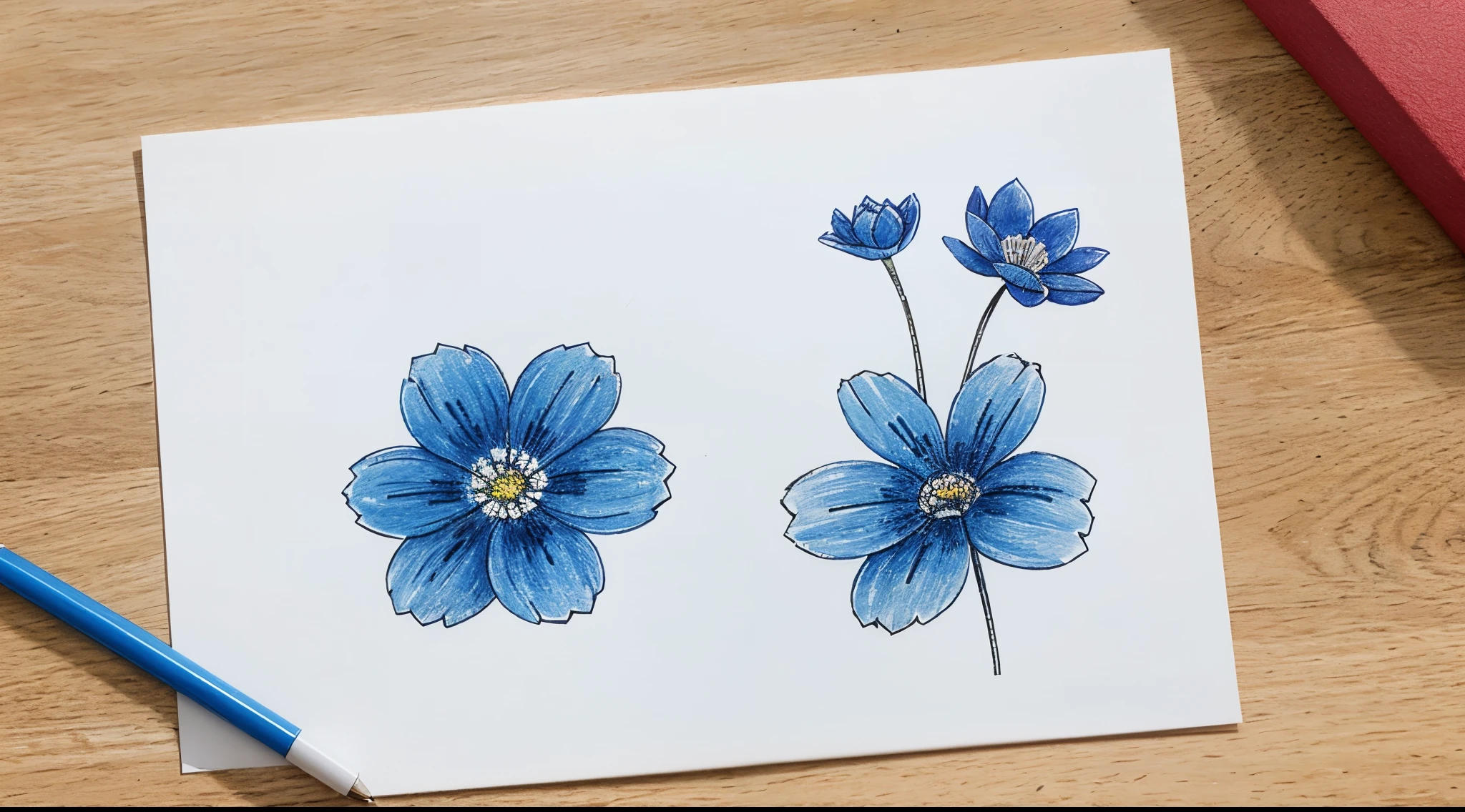 papel blanco con dibujo de flores azules y flores rojas