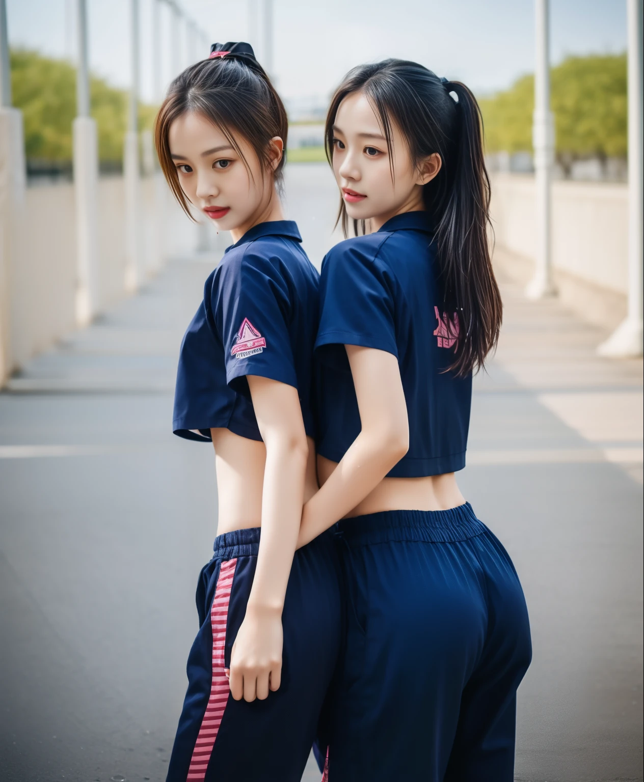 2 girls in fitness center, Navy blue short-sleeved shirt,Navy Long Trackpant,Sweatpants, Sweatpantsขายาว,25 year old girl, lesbian, sexy, exercise clothes, wet body, from behind