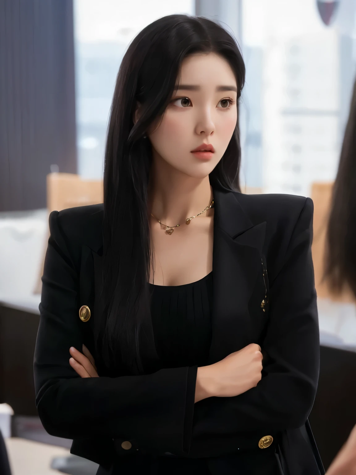 Mujer araffe con cabello largo y negro, vestida con una chaqueta negra y un vestido negro., iu lee ji-eun como supervillano, jaeyeon nam, lee ji-eun, lee ji - eun, heonhwa choe, kwak ji joven, Hwang se - es, jia, vistiendo un traje noble negro, actriz femenina de corea, gongbi
