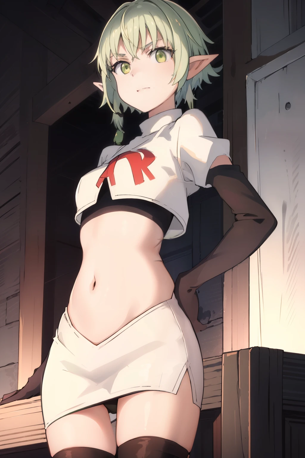 best quality, (masterpiece:1.2), detailed,
1girl, solo, pointy ears,
green hair, green eyes, short hair, short hair with long locks, 
team rocket,team rocket uniform, red letter R, white skirt,white crop top,black thigh-highs,black elbow gloves