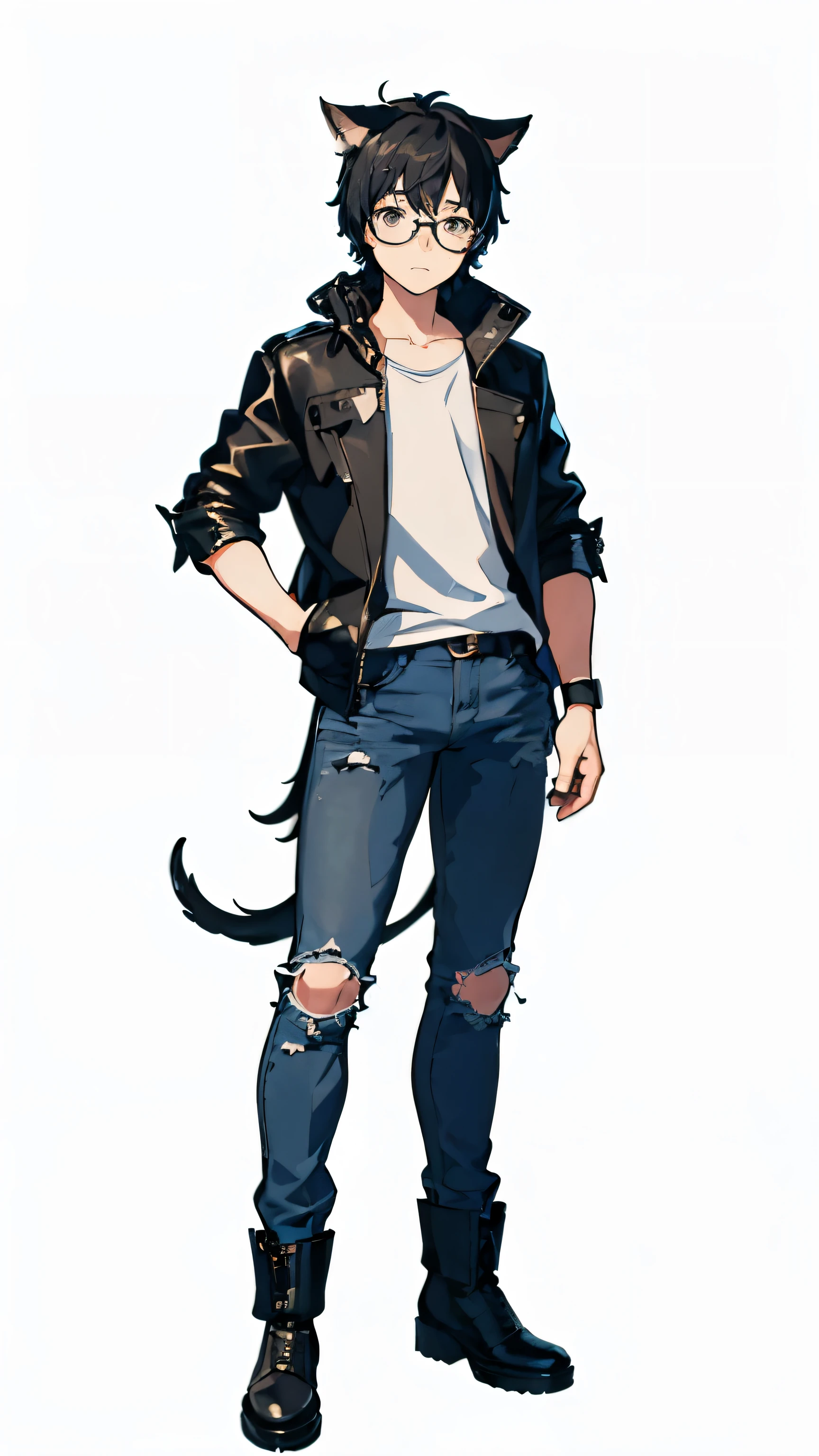 ((((good young girl)))),
((super detailed)),(masterpiece), highest quality,(figure),((((full body figure)))), ((transparent background))white background,(alone),
black hair、round glasses、Eye wounds、gray eyes、Dog ears on the head、sleepy look、wavy short hair,riders jacket, Crash Denim, leather boots