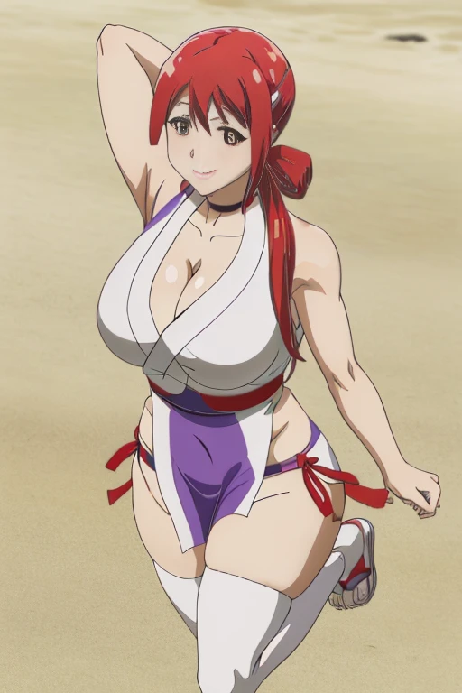 masterpiece, high resolution, best quality, beautiful art,well formed body, hands and fingers, 1 woman, solo, Akane Hiyama, grown up, big breasted, cleavage, sexy body, blue_japanese_clothes, sleeveless, white stockings, pelvic curtain, alluring out, sexy legs, hips and thighs, full body, she is doing exercise, warming up, stretching her legs and arms, sexy training, sexy moves, bouncing breasts inside her cleavave, smiling joyfully, beach background