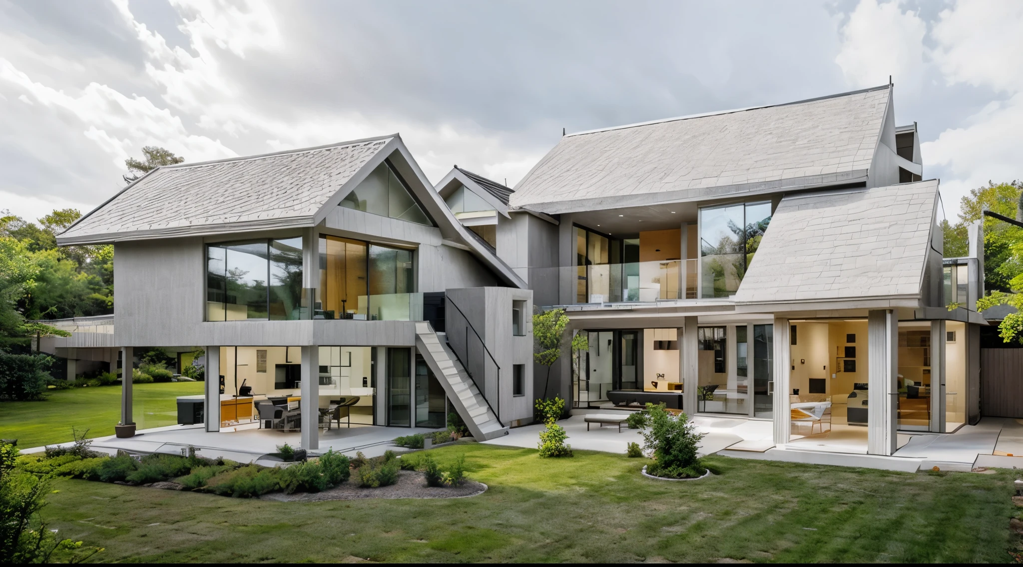 color photo of a modern and minimalist grey-colored Midcentury home. The house exudes an elegant and sophisticated vibe with its sleek lines, clean design, and neutral color palette. The exterior of the home is painted in a beautiful shade of grey, which perfectly complements the surrounding landscape. Large windows allow an abundance of natural light to flood the interior, creating a bright and airy atmosphere. The architectural details, such as the flat roof, angular shapes, and minimalistic landscaping, add to the overall contemporary aesthetic of the house. This grey Midcentury home stands as a timeless masterpiece, blending seamlessly with its surroundings.
