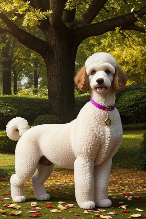 Half body photograph of a large or small Poodle dog looking at the viewer white or yellow or colored coat color, the Poodle is at the center of a handmade circle decorated with leaves and flowers of various colors and species, composing a realistic image of fantasy, mysteries and magical charms.