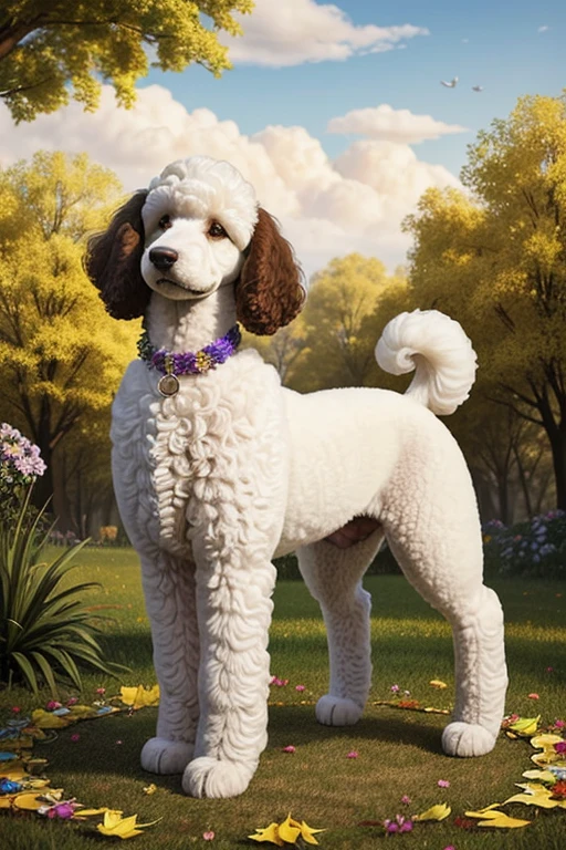 Half body photograph of a large or small Poodle dog looking at the viewer white or yellow or colored coat color, the Poodle is at the center of a handmade circle decorated with leaves and flowers of various colors and species, composing a realistic image of fantasy, mysteries and magical charms.