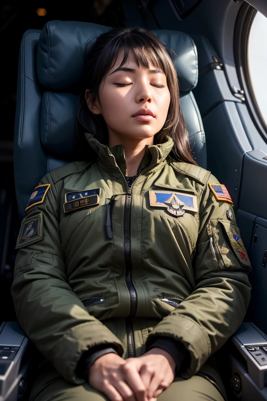 (Photorealistic:1.5), RAW, Best quality, high resolution, Masterpiece: 1.5, A Chinese female fighter pilot (asleep:1.5) in the cockpit of her F-16 fighter jet. Her head has lolled onto her shoulder, revealing the neat military bun of her dark hair. Her uniform is an olive green flight suit, adorned with intricate unit patches. Her facial features are peaceful in slumber, with fine lines and subtle pores visible beneath the natural, radiant complexion. The cockpit is dimly lit, casting long, dramatic shadows across the fighter jet's sleek machinery. The scene is captured in exquisite