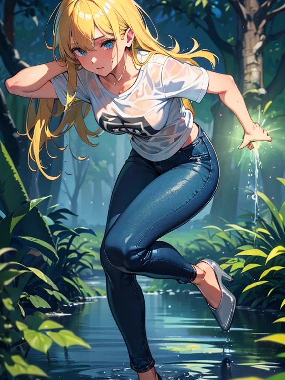 (Best Quality,Ultra-detailed,hight resolution,Masterpiece:1.2),Photorealistic,The woman,drenched in liquid slime,A detailed eye,lips,s face,wet hair,wet clothing,sparkly skin,,Fitted jeans,Wide flares on jeans,tshirt,highheels,Catching the Light,Liquid texture,Glossy surface,Vivid colors,High contrast,Body Selection,Liquid droplets,Creating a sense of movement and fluidity, full length, (Wide flares on jeans:1.2),(Ankle-deep in a swamp:1.25),