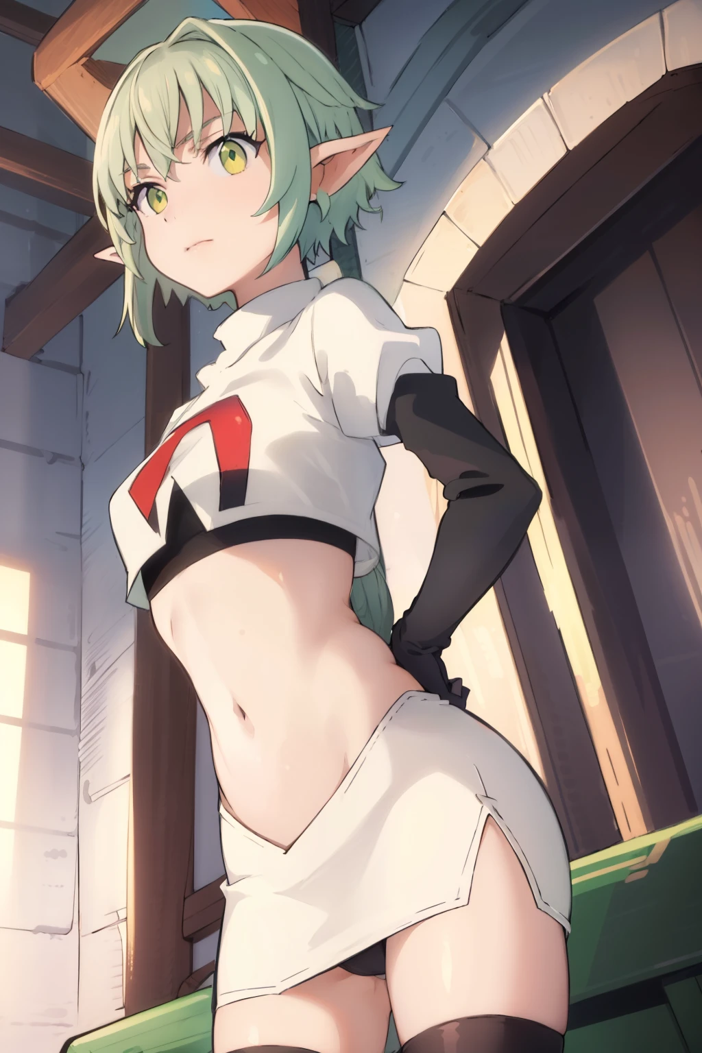 best quality, (masterpiece:1.2), detailed,
1girl, solo, pointy ears,
green hair, green eyes, short hair, short hair with long locks,
team rocket,team rocket uniform, red letter R, white skirt,white crop top,black thigh-highs,black elbow gloves