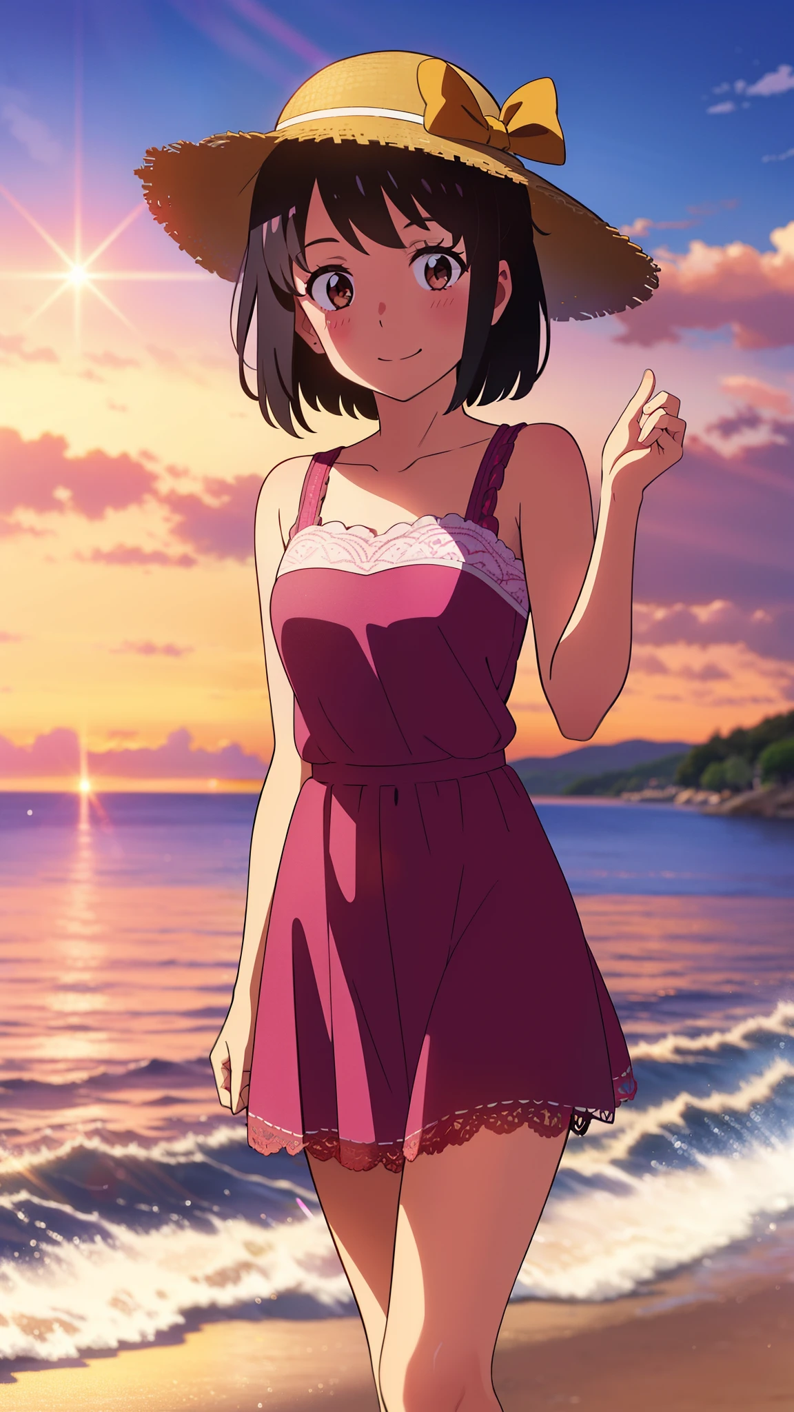 shinkai makoto, kimi no na wa., 1girl, bangs, black hair, blush, brown eyes, shiny skin, red headband, a pink lace dress, straw hat, short hair, smile, cute, solo, looking at viewer, happy, summer beach, cloudy, sky, sunset, evening, sunlight, lens_flare, Splash