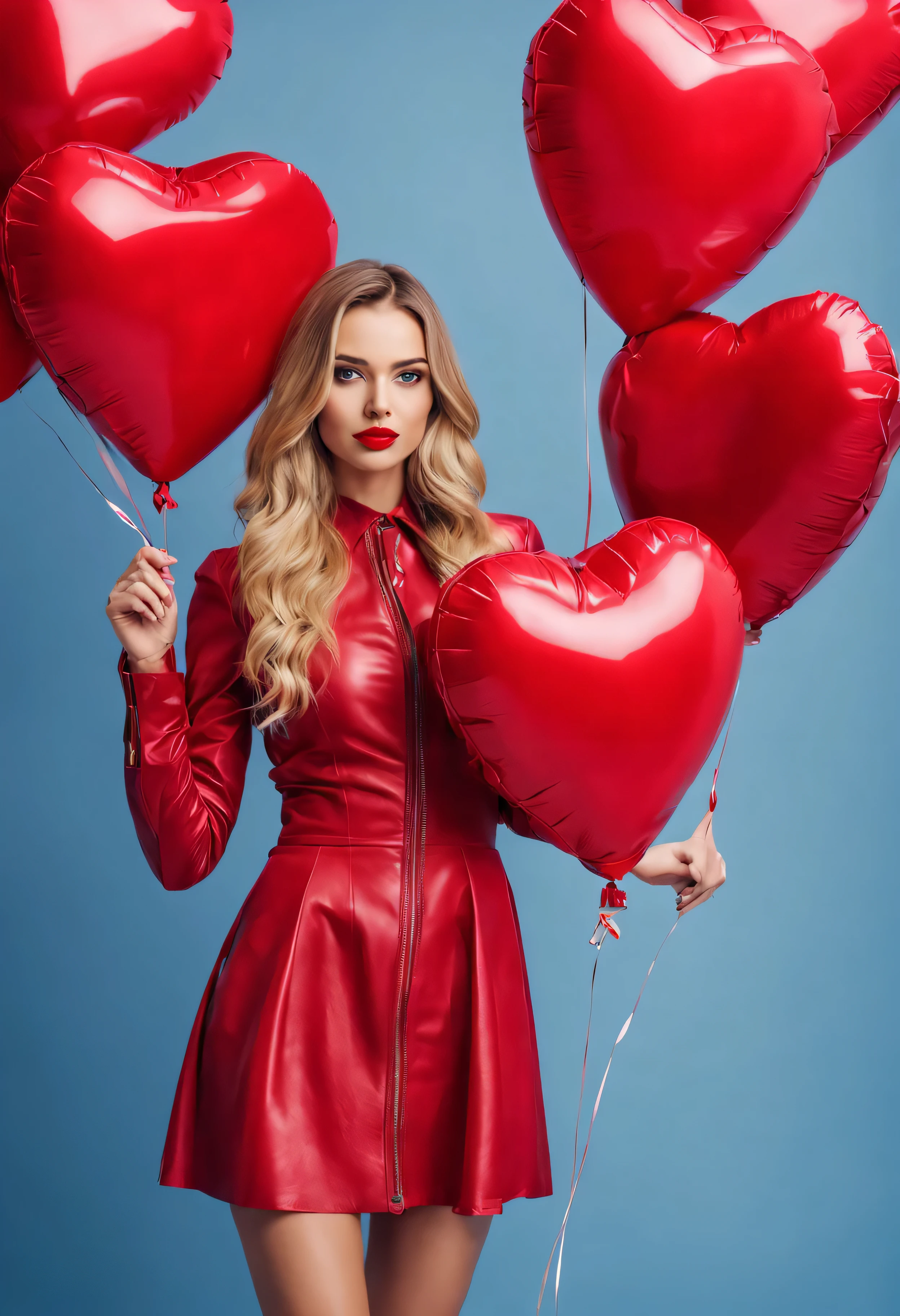 full body Valentine's Day beautiful young woman in red leather short dress holding red heart shaped balloons blonde long hair blue eyes red lips slim tall pink oiros background photo realistic UHD