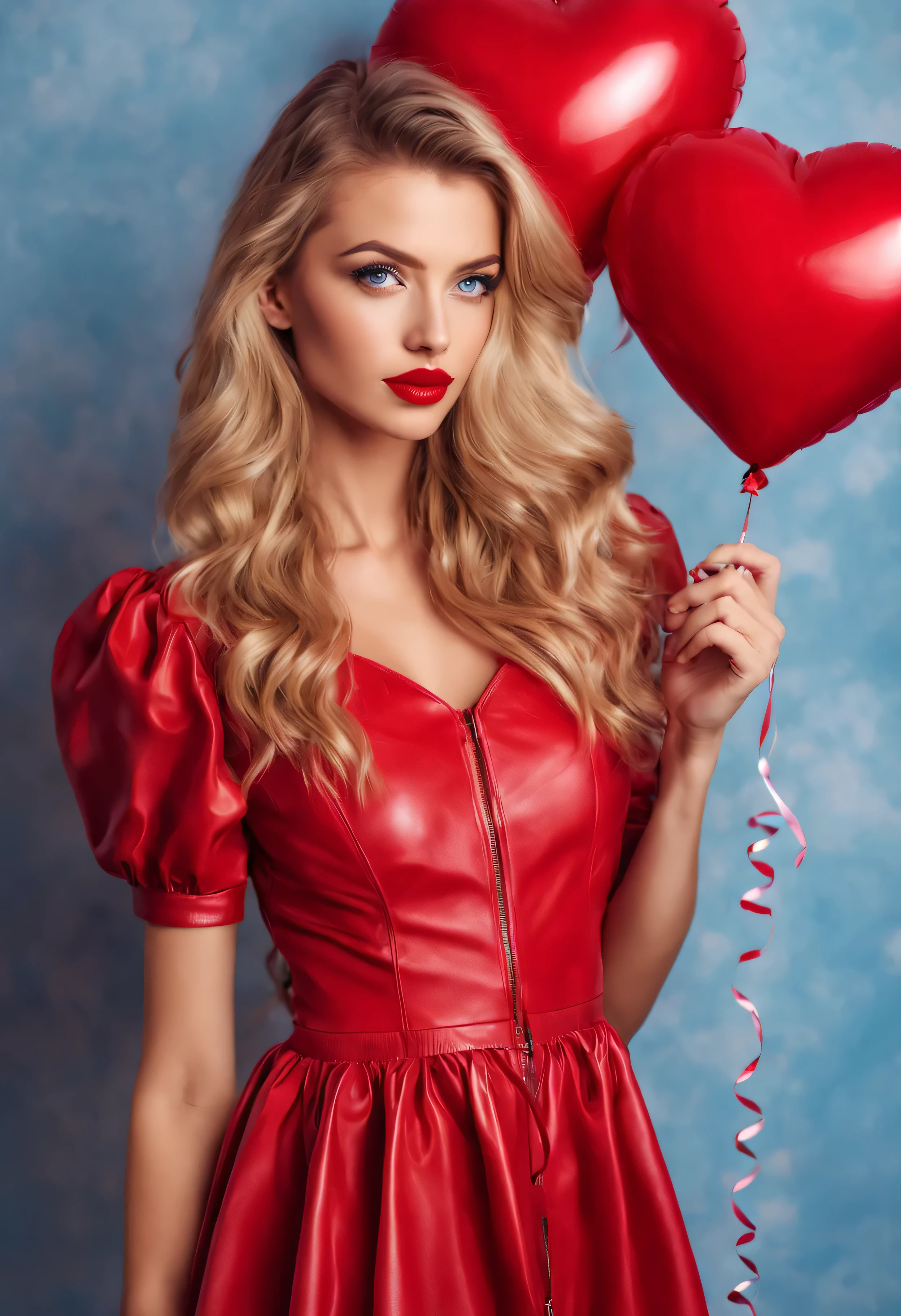 full body Valentine's Day beautiful young woman in red leather short dress holding red heart shaped balloons blonde long hair blue eyes red lips slim tall pink oiros background photo realistic UHD