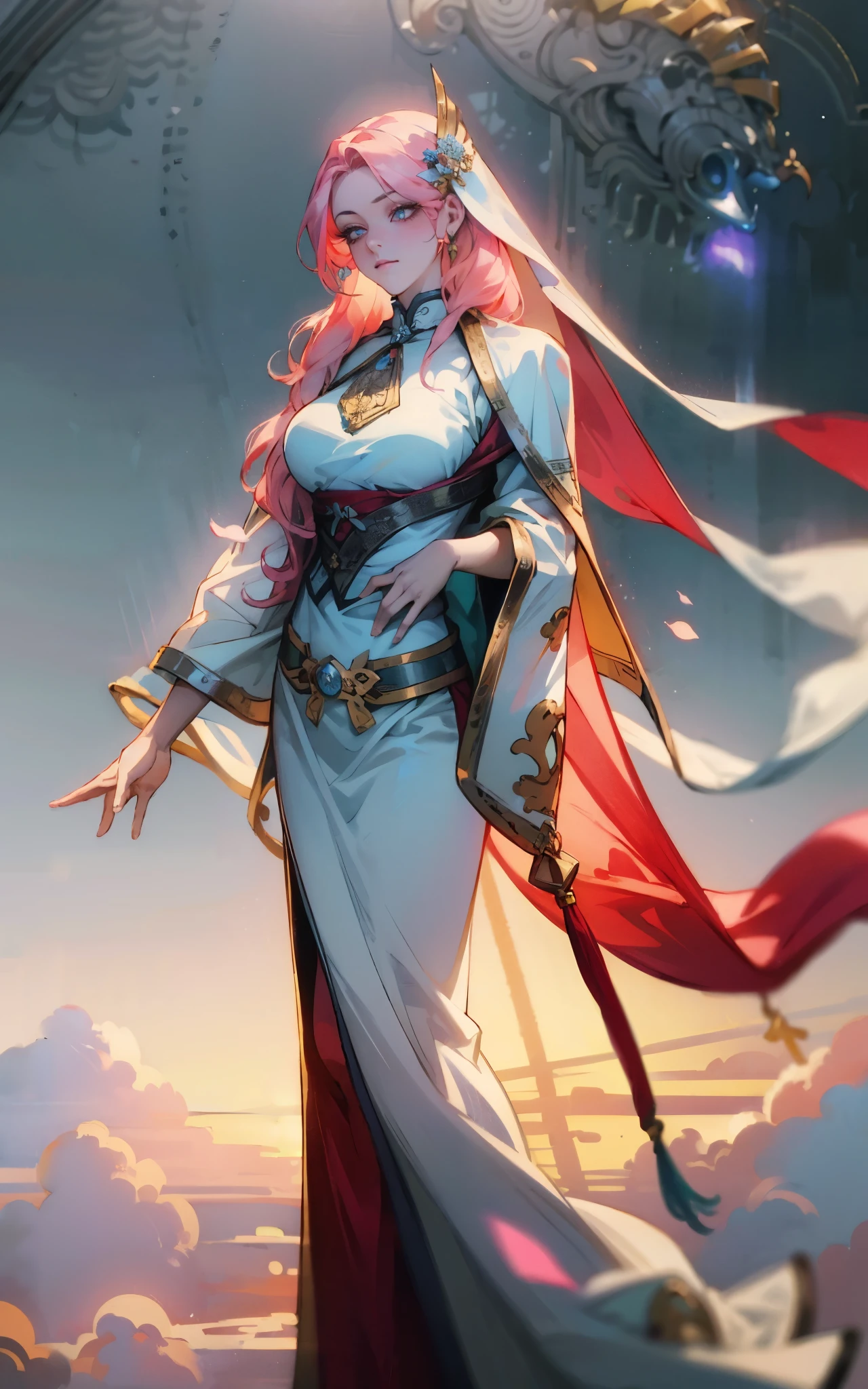 a beautiful young woman, a peerless beauty, goddess, perfect body, perfect nose, perfect mouth, perfect eyes, Perfect skin, the most beautiful woman in the world, dual-toned medium-length hair, a floral hairpin, a graceful visage, bright eyes, flawless skin, exudes an elegant temperament, a refined two-piece set of silk clothing, a light pink shawl, a pale silk belt, An ethereal and flowing long skirt, a dreamy and ethereal atmosphere, this character embodies a finely crafted fantasy-style traditional Chinese beauty in anime style, exquisite and mature manga art style, high definition, best quality, highres, ultra-detailed, ultra-fine painting, extremely delicate, professional, anatomically correct, symmetrical face, extremely detailed eyes and face, high quality eyes, creativity, RAW photo, UHD, 8k, Natural light, cinematic lighting, masterpiece-anatomy-perfect, masterpiece:1.5