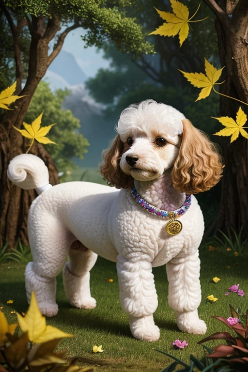 Photograph frontal view close to half of the body of a small Poodle dog looking at the viewer coat color white or yellow or colored, the Poodle is at the center of a handmade circle decorated with leaves and flowers of various colors and species, composing a realistic image of fantasy, mysteries and magical charms.
