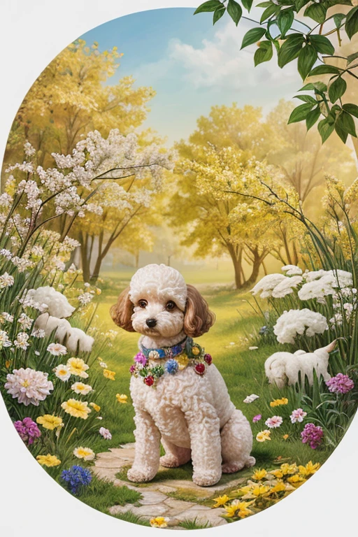 Photograph frontal view close to half of the body of a small Poodle dog looking at the viewer coat color white or yellow or colored, the Poodle is at the center of a handmade circle decorated with leaves and flowers of various colors and species, composing a realistic image of fantasy, mysteries and magical charms.
