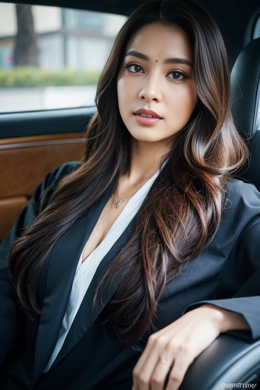 Portrait of A confident-looking indian  woman with long flowing hair, hazel eyes, with flowing capes, perfect composition, hyperrealistic, super detailed, 8k, high quality, trending art, trending on artstation, sharp focus, studio photo, intricate details, highly detailed, art by greg rutkowski, sit in car