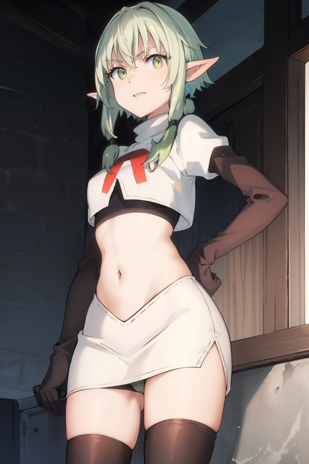 best quality, (masterpiece:1.2), detailed,
1girl, solo, pointy ears,
green hair, green eyes, short hair, short hair with long locks,
team rocket,team rocket uniform, red letter R, white skirt,white crop top,black thigh-highs,black elbow gloves
