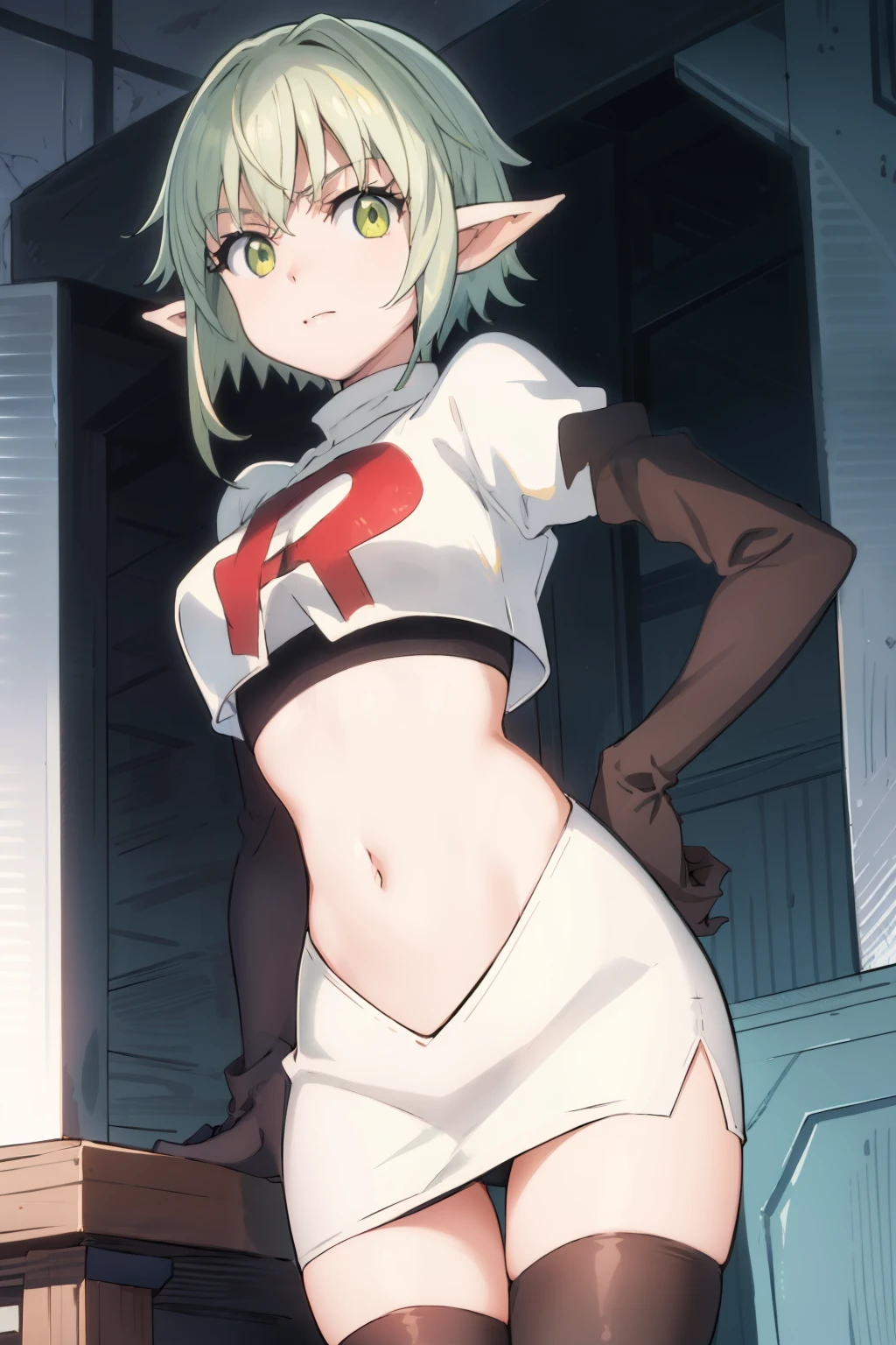 best quality, (masterpiece:1.2), detailed,
1girl, solo, pointy ears,
green hair, green eyes, short hair, short hair with long locks, 
team rocket,team rocket uniform, red letter R, white skirt,white crop top,black thigh-highs,black elbow gloves