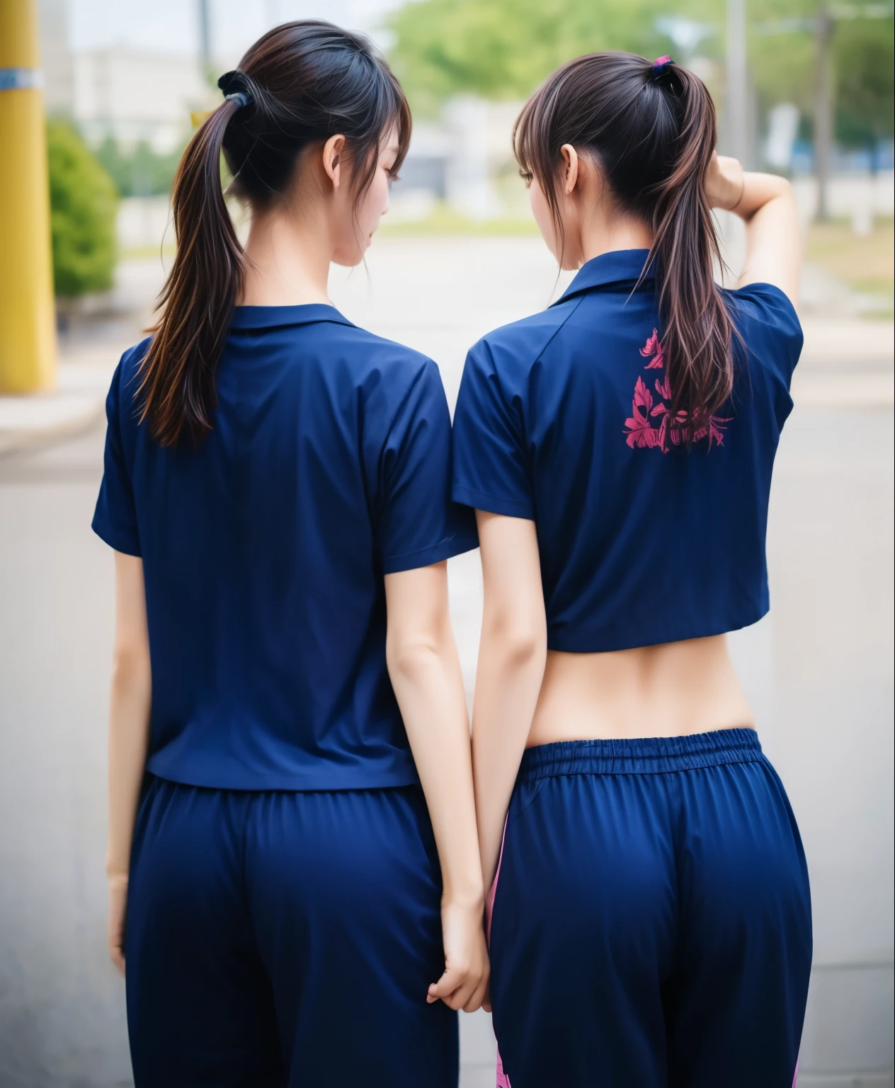 2 girls in fitness center, Navy blue short-sleeved shirt,Navy Long Trackpant,Sweatpants, Sweatpantsขายาว,25 year old girl, lesbian, sexy, exercise clothes, wet body, from behind