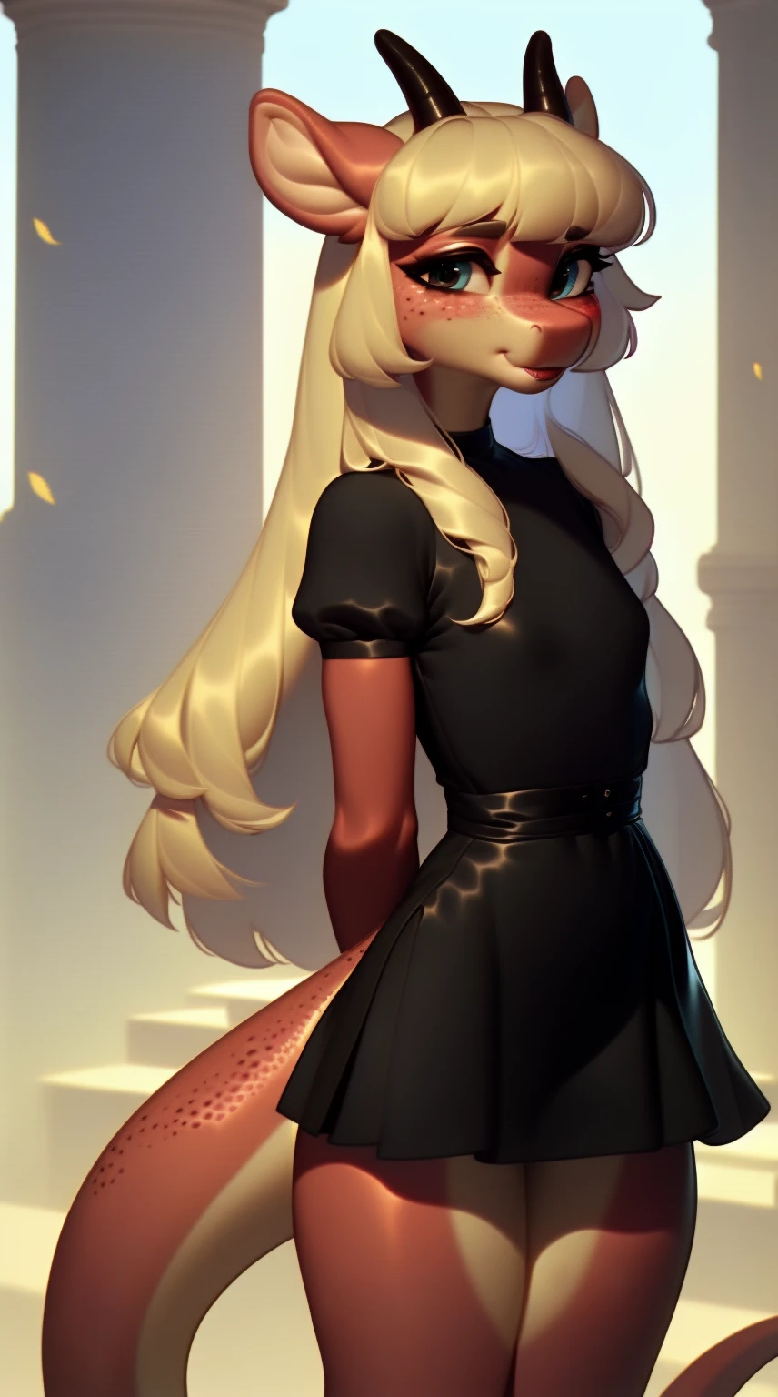 (score_9), (source_ derpibooru_p_95), (young), ((anthro dragon :1.1)), (little black dress), nervous , blushing, solo, realistic long hair, bangs, anatomically correct, flat chest, high res, pink bottom lip, extremely detailed, absolutely stunning, freckles, tone body, arms behind back, 