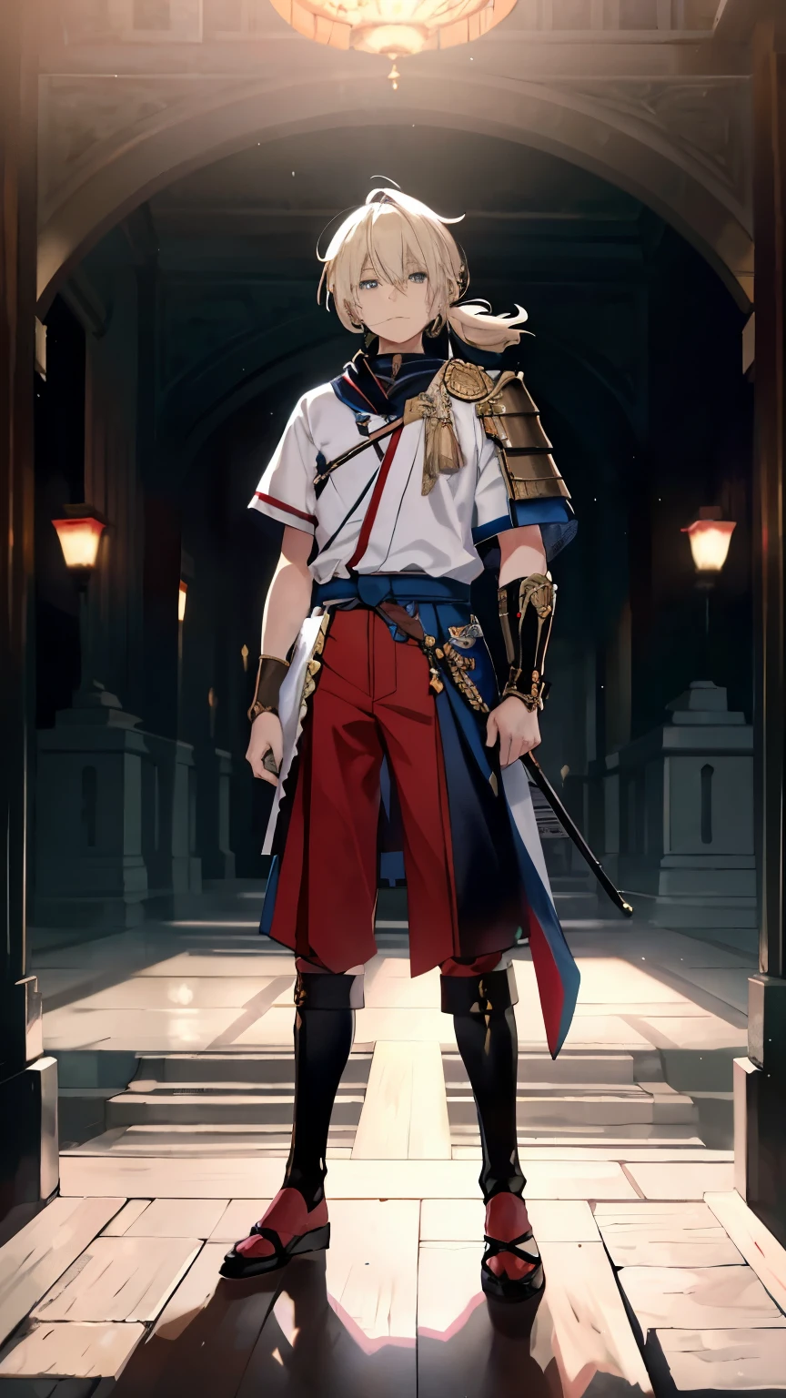 (Masterpiece: 1.2), (Best quality: 8K, 32K), Photo of a Japanese boy around fifteen years old, With blonde hair in a very short bob hairstyle, Worn in a ponytail, Full body view, Wearing a blue top that accents his youthful charm, bottom half dressed in red pants, Bravely standing with an imposing knight-like outfit, Strapping an extremely large, intricately designed greatsword on his back, Benedicted by the majestic backdrop of a grand temple in full splendor, Capturing the essence of courage and determination in this top-resolution, highly detailed scene.ブルーの瞳,幅の広い剣を持つ,