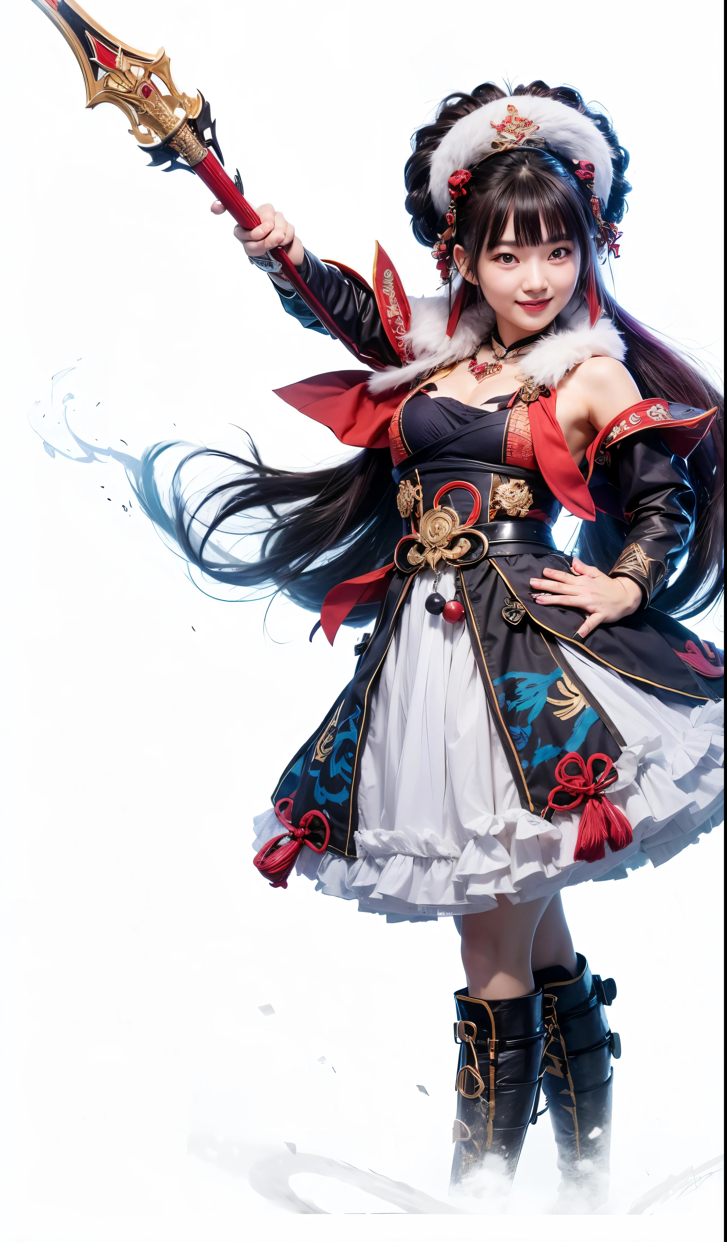 Yun jin, genshin impact, liyue, female, dark purple hair, red eyes, left arm holds martial art red spear with golden dragon sculpture, friendly smiling 