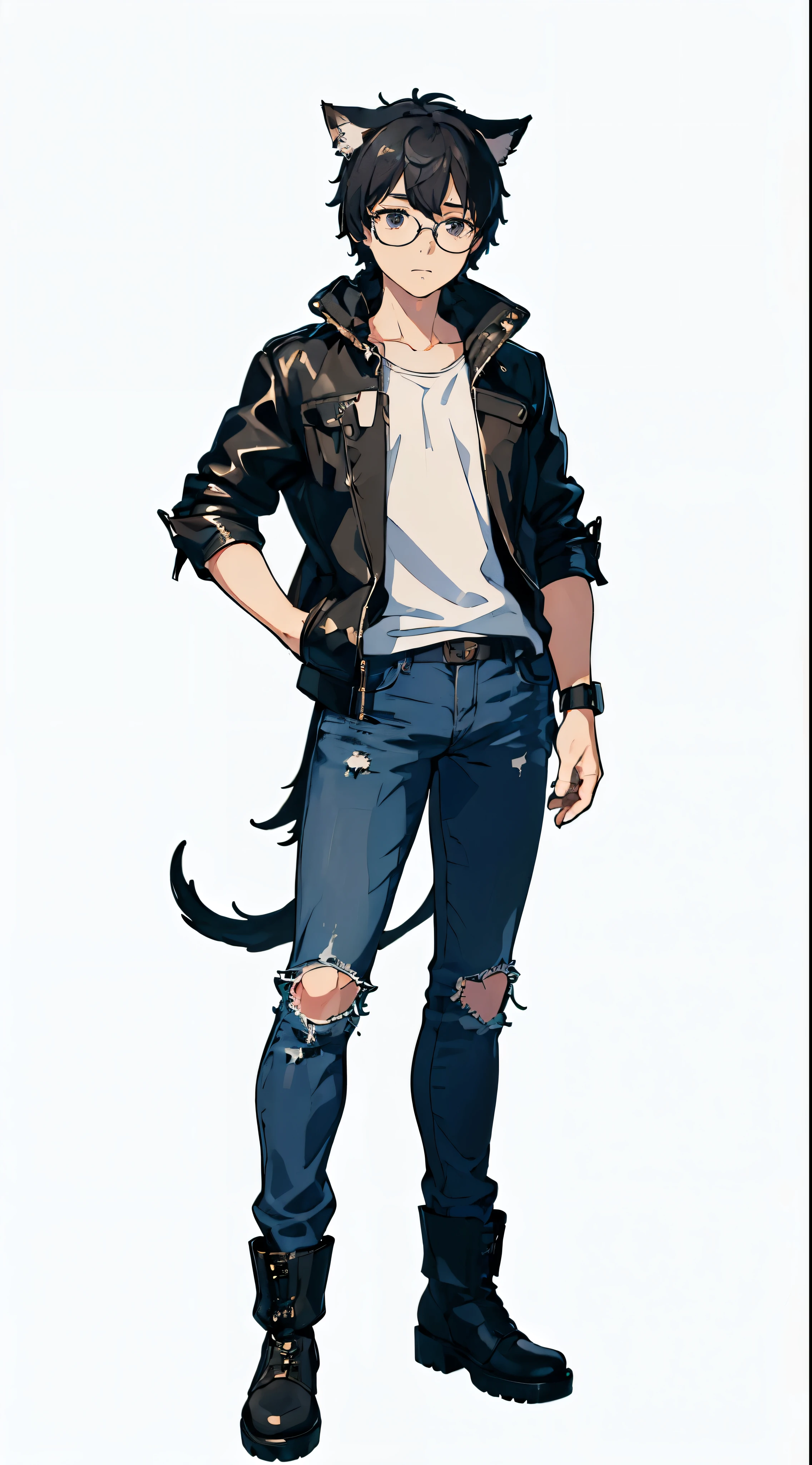 Anime character with cat ears and jeans standing in front of a white ...