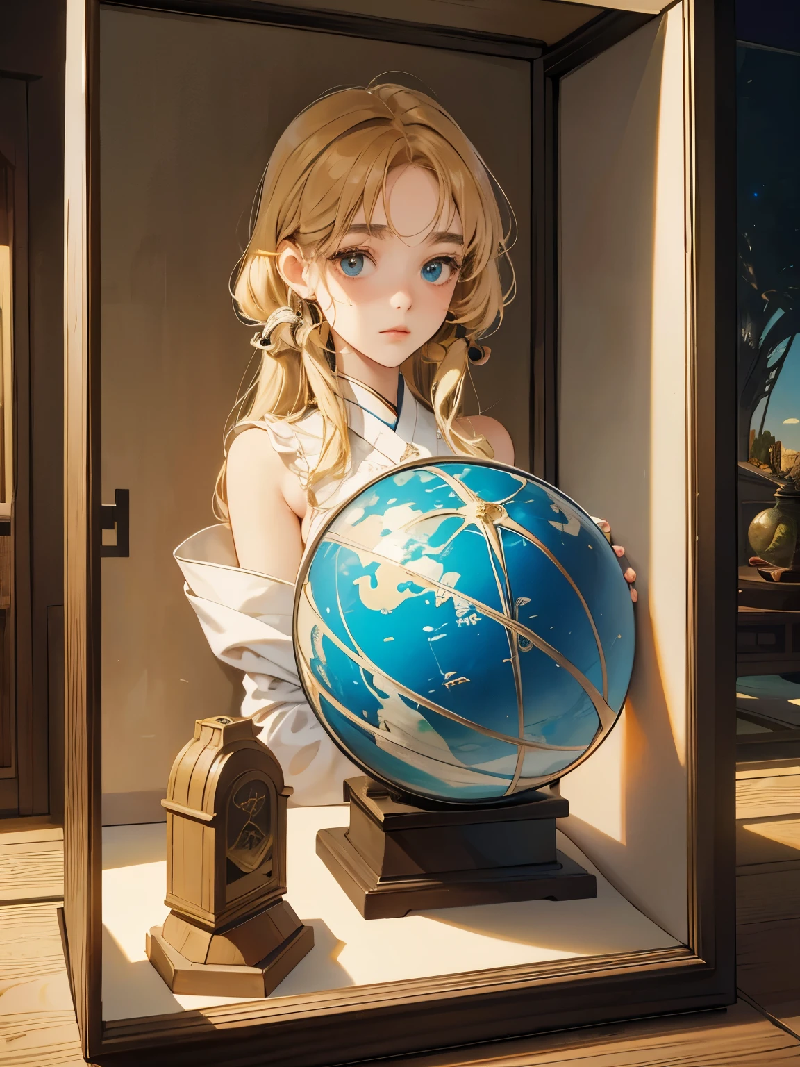 Giorgio de Chirico, Fanny Cory, Mysterious, surreal, bizarre, fantasy, Sci-fi, Japanese anime, play of objects and words, sphere of birth, the sea is near, box in the trunk, beautiful girl, perfect voluminous body, detailed masterpiece high angles