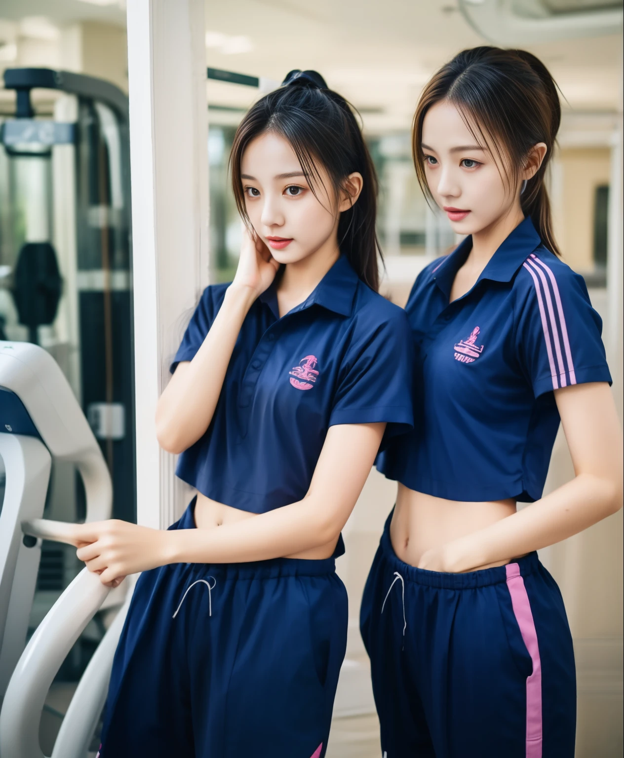 2 girls in fitness center, Navy blue short-sleeved shirt,Navy Long Trackpant,Sweatpants, Sweatpantsขายาว,25 year old girl, lesbian, sexy, exercise clothes, wet body