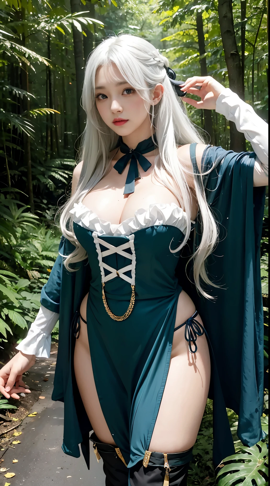 realistic, High resolution, 1 female, glowing skin, alone, wide lips,long hair,wavy hair, closed mouth, hip up,saggy breasts,small face,Anime character cosplay,Cosplayers,Costume costumes,A fantasy space like a forest,white hair,Color Contacts,cute pose
