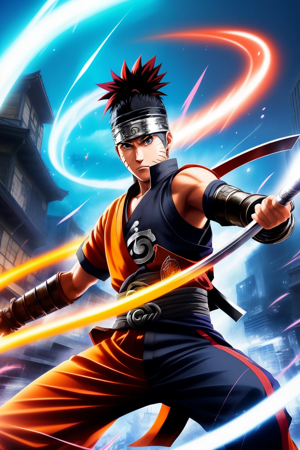 A dynamic scene of Naruto, (shinobi:1.3), (leaping:1.1), (mid-air:1.2), (chakra swirling:1.2), (iconic pose:1.1), (determined expression:1.2), (vibrant colors:1.1), HDR, (dramatic lighting:1.1), cinematic shot, manga-inspired, (sharp focus:1.1), (detailed facial features:1.2), battle scene, orange jumpsuit, sword in hand, (hyper-realistic:1.1), (intricate details:1.2), (int