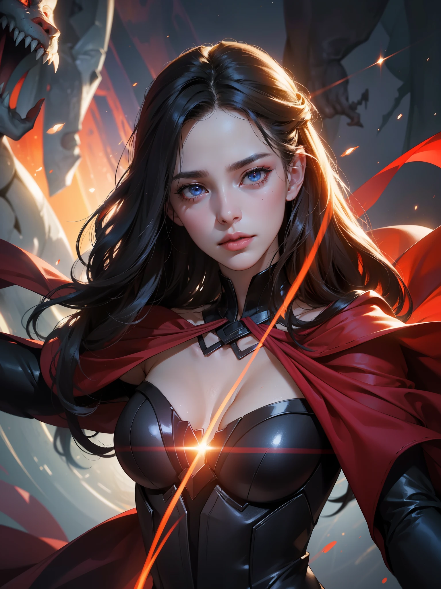 Movie scene: The enigmatic Scarlet Witch from Marvel comes into focus in a close-up shot, her expressive eyes gleaming with an otherworldly intensity. Surrounding her, the fabric of space distorts, twisted undead creatures lurking in the background. A lens flare casts ethereal beams of light, adding to the intrigue and underlying tension. The Axis of this intricately detailed scene is masterfully rendered using high detail and volumetric lighting, making for a 4K picture that's truly surreal. Textures are true to reality, and the dramatic lighting enhances the overall impact, making this an unforgettable scene brought to life by the power of