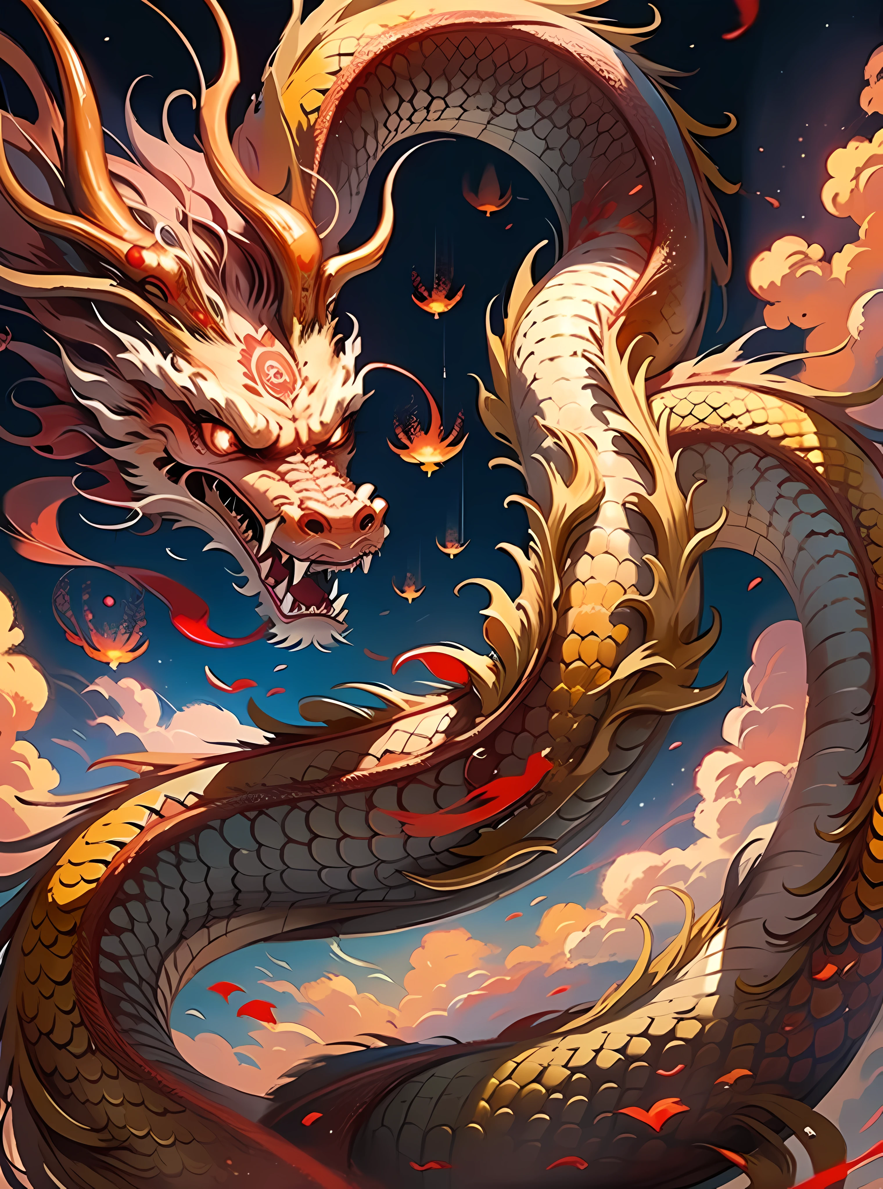 A Chinese red five-clawed dragon hovers in the sky，Below are the fireworks flying into the sky，super detailed，Surreal，illumination，masterpiece，best quality