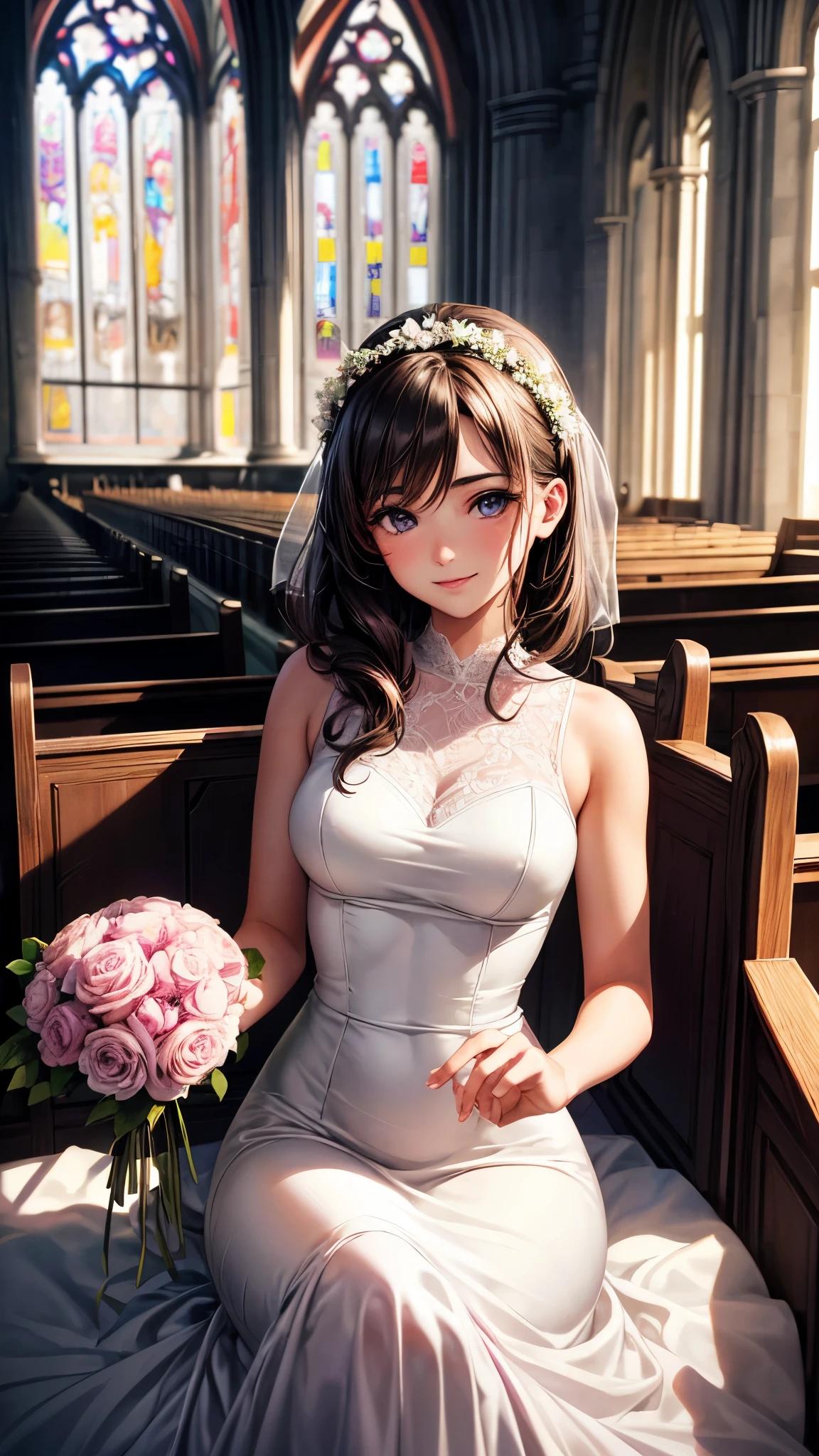 sksbrooke person, sksbrooke, (masterpiece:1.2), (best quality:1.2), perfect eyes, perfect face, 1girl, solo, brown eyes, (medium breasts), perky breasts, seductive look, pink wedding dress, walking down the ailse in a church, sun ray in background from window, hold bouquet of flowers, sitting down, close up, smiling