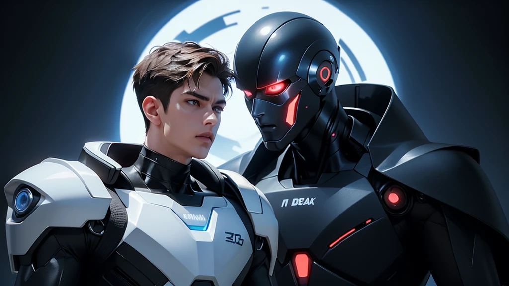 Create a 4K resolution image of a science fiction character. The character is a humanoid-robotic hybrid with a sleek and clean appearance, similar to the movies "I, Robot," "Ex-Machina," and "Terminator." It has a muscular body but with a SLIM appearance. The character's skin is metallic, with eyes reflecting advanced technology and a characteristic glow. It wears futuristic, stylish, and clean attire. The character's posture is upright, conveying confidence and leadership. Ensure to capture the perfect fusion between human and robotic appearance. The scene should reflect a futuristic environment suitable for a leader. Also, consider adding lighting details to enhance the character's features.