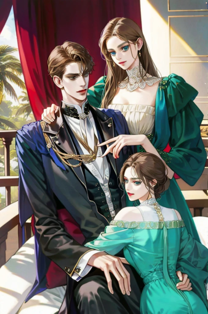 ((In the Victorian era, in his mansion)) The duke is a mature man, 28 years old, with navy blue hair, golden eyes, tall with a symmetrical face and an expression of love for his wife. ((Sitting on the balcony of his room, he hugged his wife)) the Duchess, a young woman with a medium face, greenish eyes, a bit of freckles, light brown hair, sitting on her husband, the Duke's lap.
