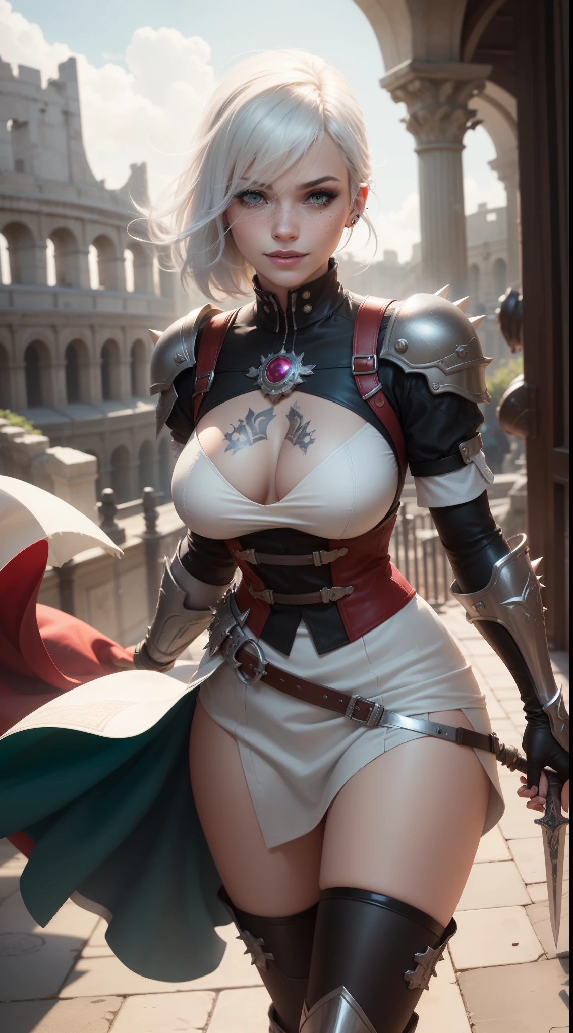 gwen tennyson,yorha 2b,tracer,y'shtola rhul,overwatch,assassin's creed,close up, roman coliseum,coliseum arena,tattoos,white and red plugsuit,white short sleeve gladiator top,white and red long gladiator coat,spiked armor,long gladiator skirt,gladiator corset,long dress train,short hair,punk makeup,green eyes,multicolored silver hair,spiked gloves,sexy smile,freckles,beautiful girl,knee high boots,large breasts,8k,ultra detailed,realistic,fantasy art,gladiator uniform,hair pin,ear piercings,(weather:windy),1girl,holding gladiator sword,