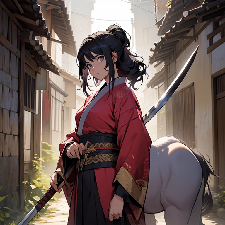 Descreva uma personagem feminina no universo de Demon Slayer inspirada em Kanao. Ela possui pele branca, cabelos longos e ondulados castanhos, olhos castanhos claros. A personagem veste um kimono tradicional, e empunha uma katana 