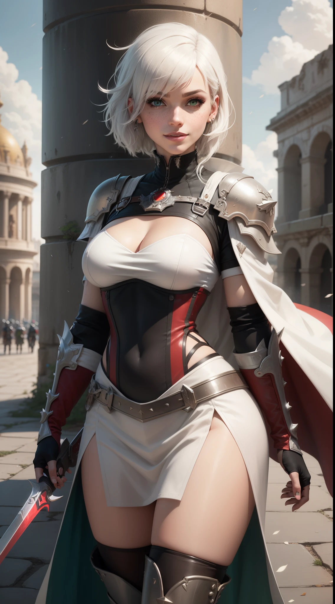 gwen tennyson,yorha 2b,tracer,y'shtola rhul,overwatch,assassin's creed,close up, roman coliseum,coliseum arena,tattoos,white and red plugsuit,white short sleeve gladiator top,white and red long gladiator coat,spiked armor,long gladiator skirt,gladiator corset,long dress train,short hair,punk makeup,green eyes,multicolored silver hair,spiked gloves,sexy smile,freckles,beautiful girl,knee high boots,large breasts,8k,ultra detailed,realistic,fantasy art,gladiator uniform,hair pin,ear piercings,(weather:windy),1girl,holding gladiator sword,