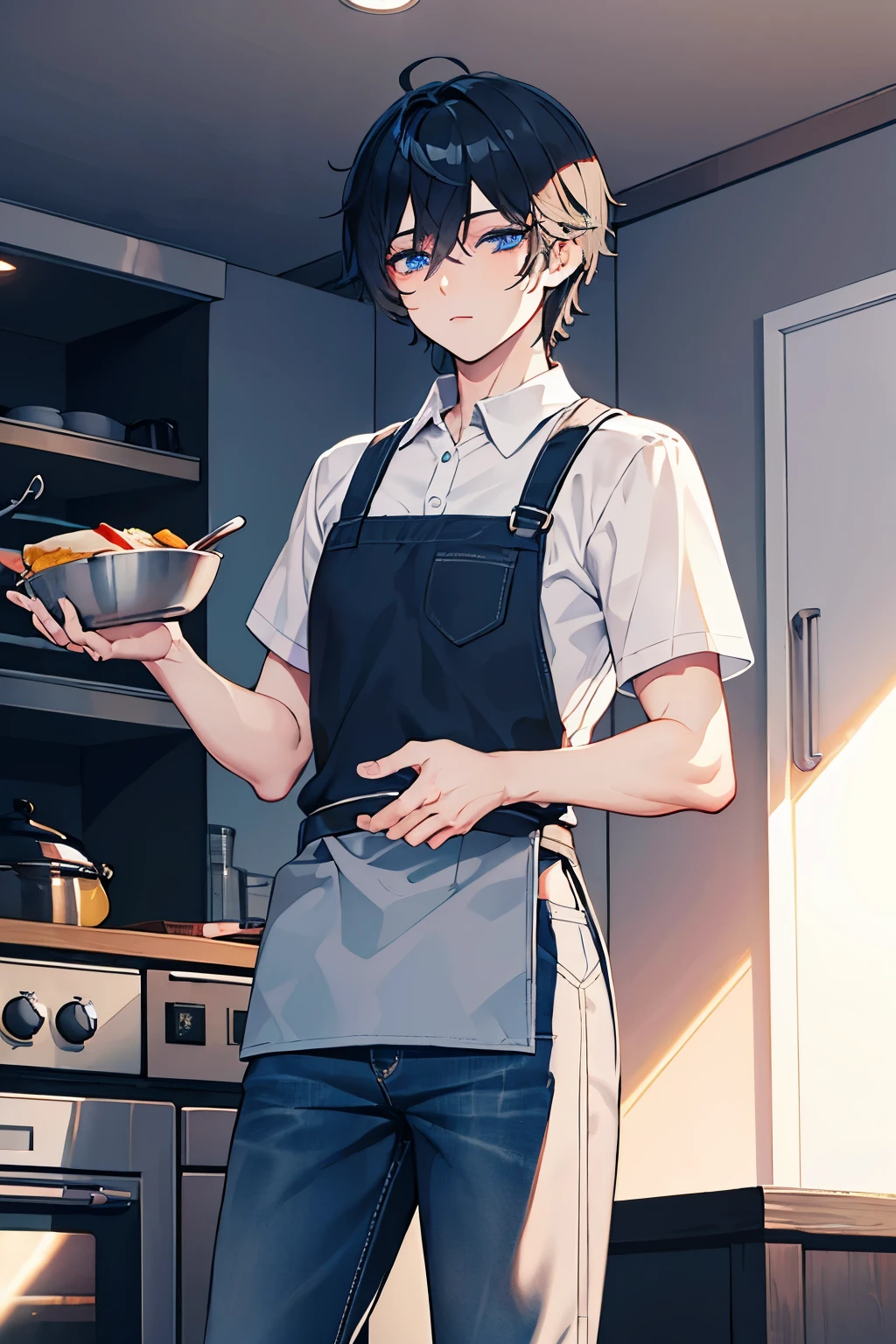 male black hair blue eyes short hair cool jeans trainer apron one person Cooking dishes pot kitchen feast masterpiece Highest image quality noise removal clear parts cinematic shadow Increased attractiveness of the eyes clear parts the shine of the eyes Draw eyelashes neatly perfect eyes detailed eyes Sharpen image quality Sharpen eye writing clear parts eye shape