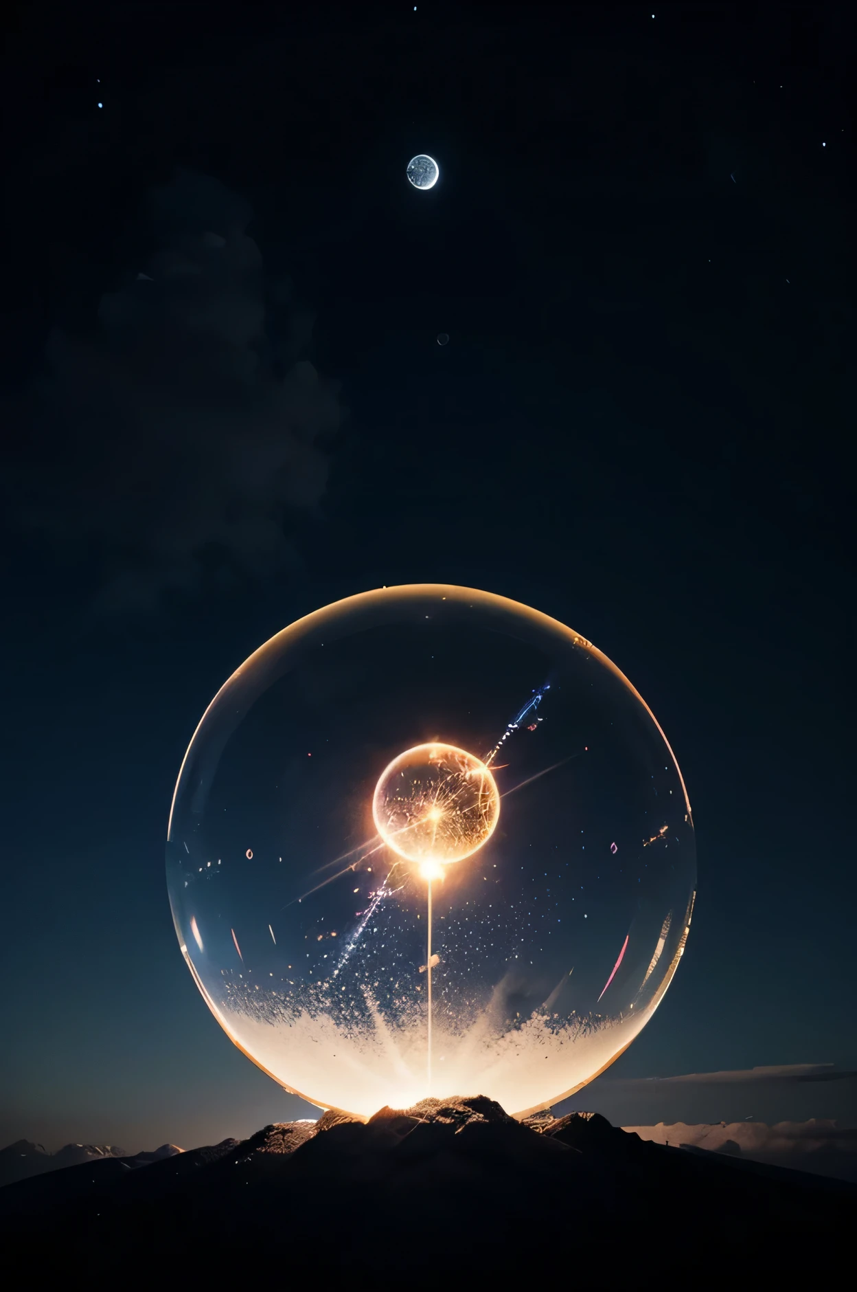 Designing a glowing neon bubble filled with a sky full of stars and a cloud with a moon.