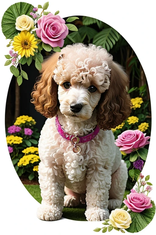 Poodle brincando com rosas dentro da boca, Photograph frontal view close to half of the body of a small Poodle dog looking at the viewer coat color white or yellow or colored, the Poodle is at the center of a handmade circle decorated with leaves and flowers of various colors and species, composing a realistic image of fantasy, mysteries and magical charms.
