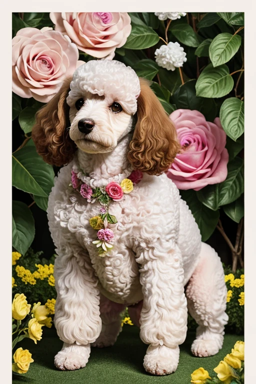 Poodle brincando com rosas dentro da boca, Photograph frontal view close to half of the body of a small Poodle dog looking at the viewer coat color white or yellow or colored, the Poodle is at the center of a handmade circle decorated with leaves and flowers of various colors and species, composing a realistic image of fantasy, mysteries and magical charms.

