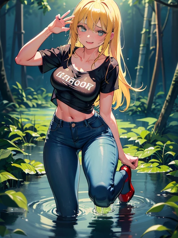 (Best Quality,Ultra-detailed,hight resolution,Masterpiece:1.2),Photorealistic,The woman,drenched in liquid slime,A detailed eye,lips,s face,wet hair,wet clothing,sparkly skin,,Fitted jeans,Wide flares on jeans,tshirt,highheels,Catching the Light,Liquid texture,Glossy surface,Vivid colors,High contrast,Body Selection,Liquid droplets,Creating a sense of movement and fluidity, full length, (Wide flares on jeans:1.2),(Ankle-deep in a swamp:1.25), nipples through shirt, dripping wet, soaked clothes, wet clothes, wet fabric, soaking wet, small breasts, looking at camera, tongue out, mouth open, V sign, full body, shoes, breast grab, ???????, medium breasts, nudity