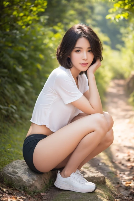 (8k, highest quality, masterpiece: 1.2), Super detailed, highest quality, ultra high resolution, professional lighting, photon mapping, radio city, Physically based rendering, cinematic lighting, Depth of the bounds written, focus on, Light of the sun, good composition, (Bokeh: 1.2), 1 girl, (whole body), smile, beautiful eyes, Pause, brown hair, short hair, coastal, skirt, Tank top, sitting on the bench,spread legs,white panties,beautiful feet,((big breasts))、