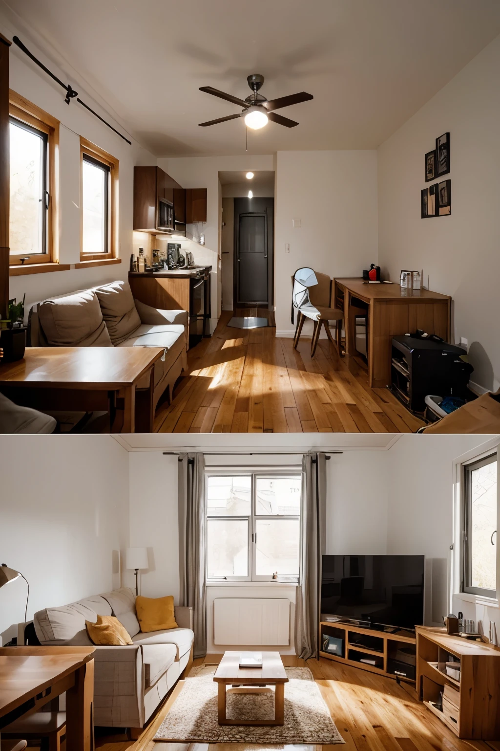 generate an image of a small dwelling interior where it shows all parts of the dwelling in just one picture. make the dwelling really small