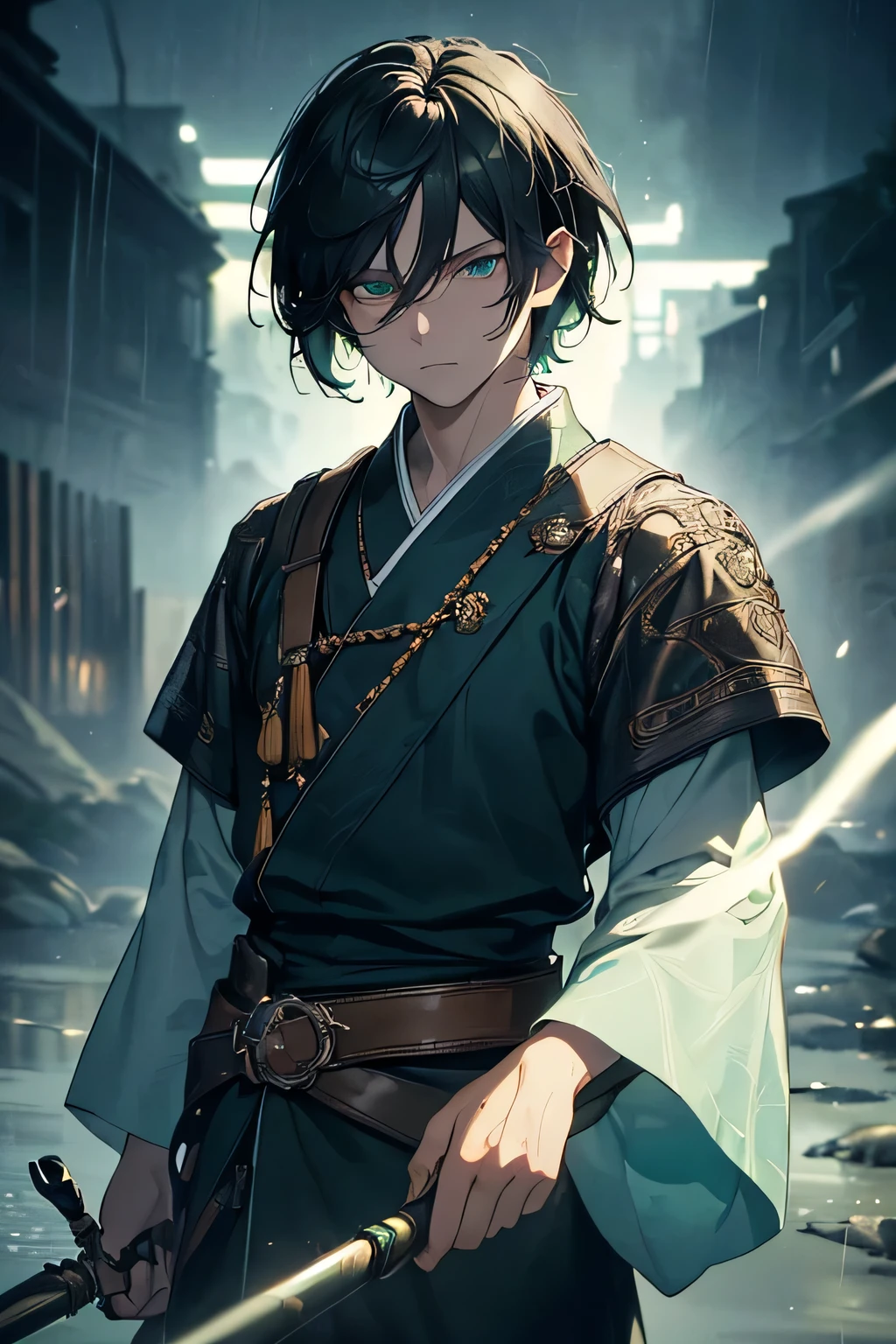 (High resolution, realistic, 4K, super detailed, masterpiece:1.2),cowboy shot (no hat:1.5), ((1 boy)), glowing green eyes, fine eyes, black hair, ((bob hair)), Hanbok, ((At night)), Rain sky, dramatic lighting, quiet solitude, Bright colors, enchanting beauty