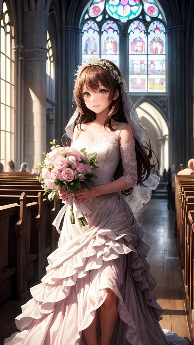 Skesbrook person, Skesbrook, (masterpiece:1.2), (highest quality:1.2), perfect eyes, perfect face, 1 girl, alone, brown eyes, (medium breasts), perky chest, fascinating look, pink wedding dress, walking down the church aisle, Background sun rays from the window, Holding a bouquet of flowers, sitting, close, smile