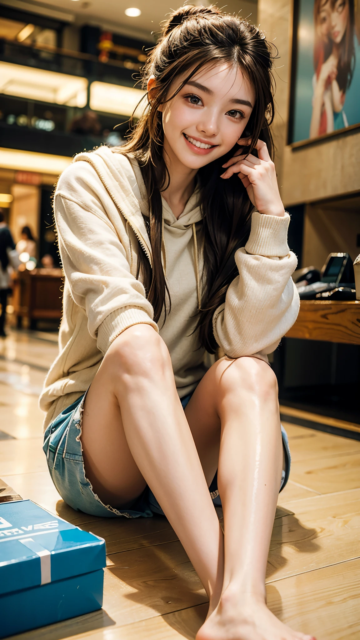 highest quality, masterpiece, ultra high resolution, detailed eyes,(realistic:1.4), (close portrait) Raw photo, 1 girl, 19 years old,(((Larger hoodie))),(((wool hopping mall),Shopping,masterpiece, beautiful feet,muscular,realistic pictures, japanese pictures, fuji negative film, saturation, contrast, Pocari Sweat Advertisement ((small breasts)),((smiling showing teeth)),long hair chignon and scrunchie,brown hair,