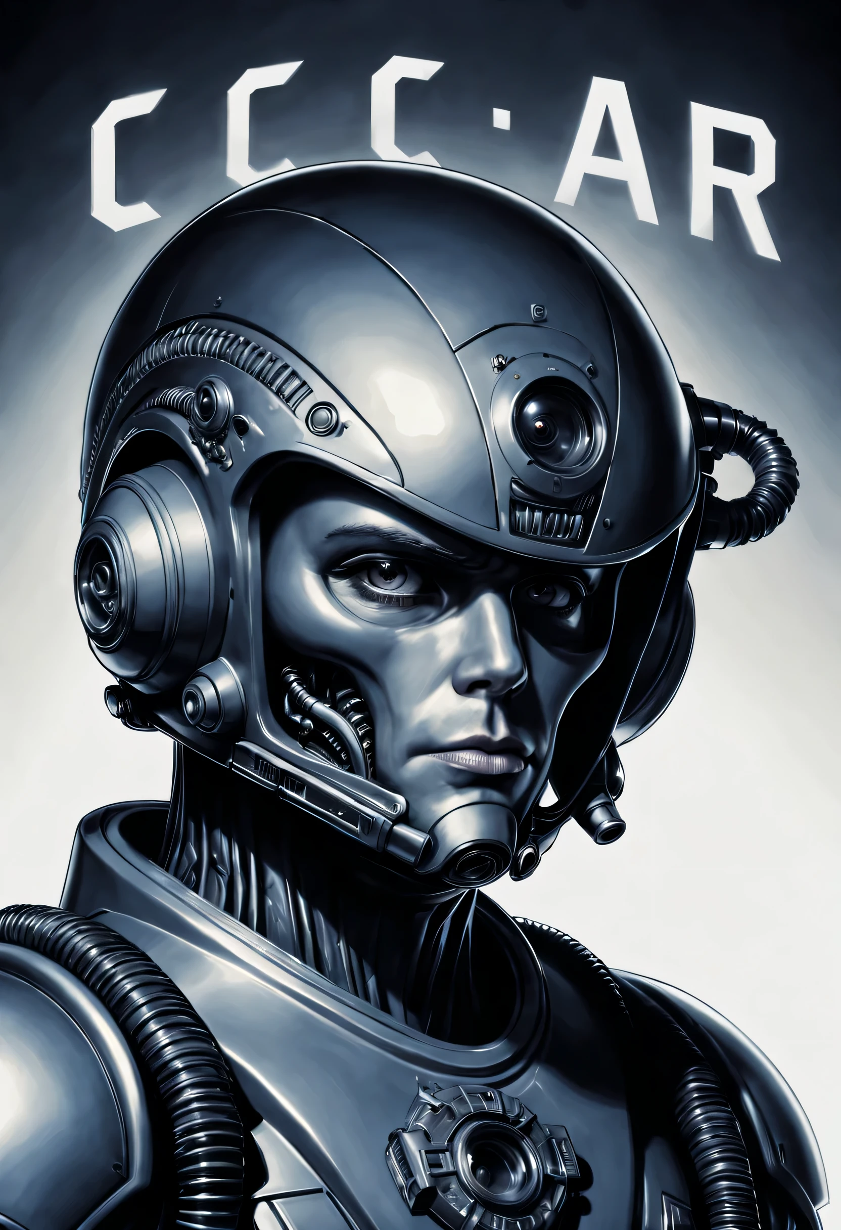 head portrait, astronaut in a Giger-style helmet, Letters "ussr" on the helmet, stern face of a 35-year-old man, look from under the eyebrows, hand with a fantastic blaster on his face, blaster barrel raised